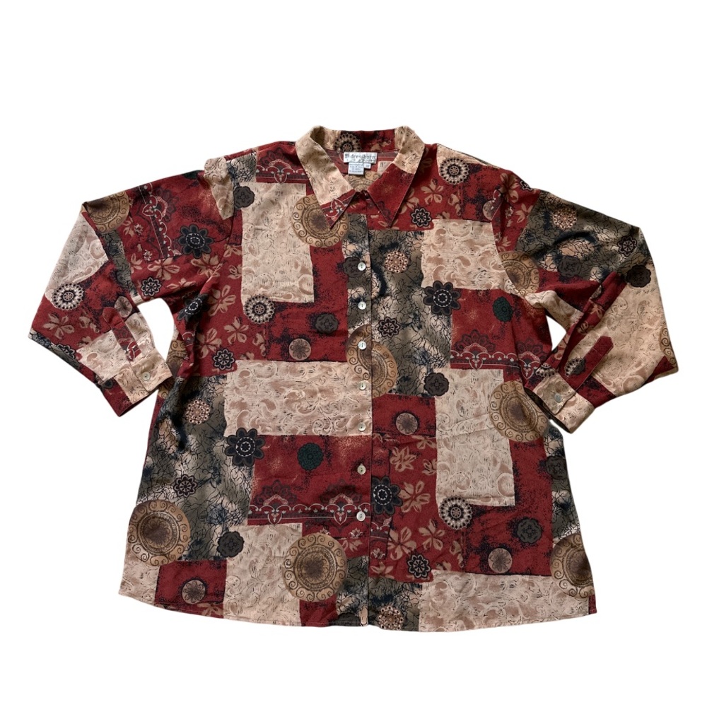 Patchwork Print Button Down Shirt Long Sleeve Boho Cottage Vintage 3XL